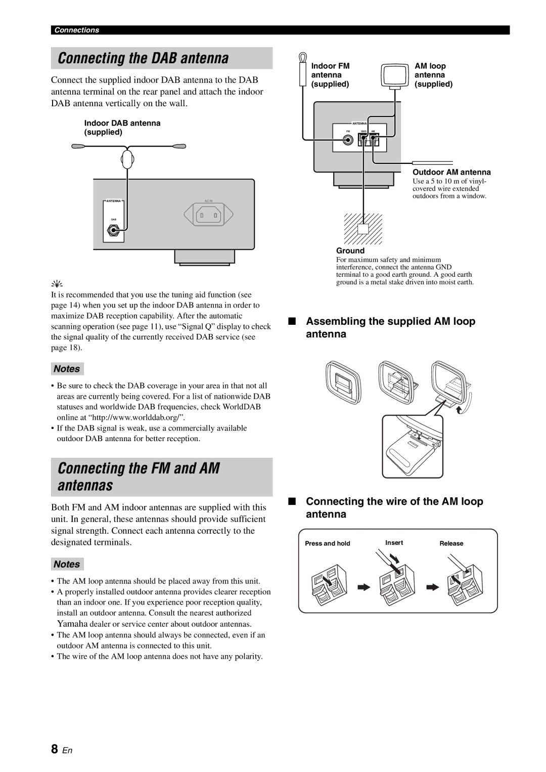 Yamaha TX-761DAB Connecting the DAB antenna, Connecting the FM and AM antennas, Indoor DAB antenna supplied, Ground 