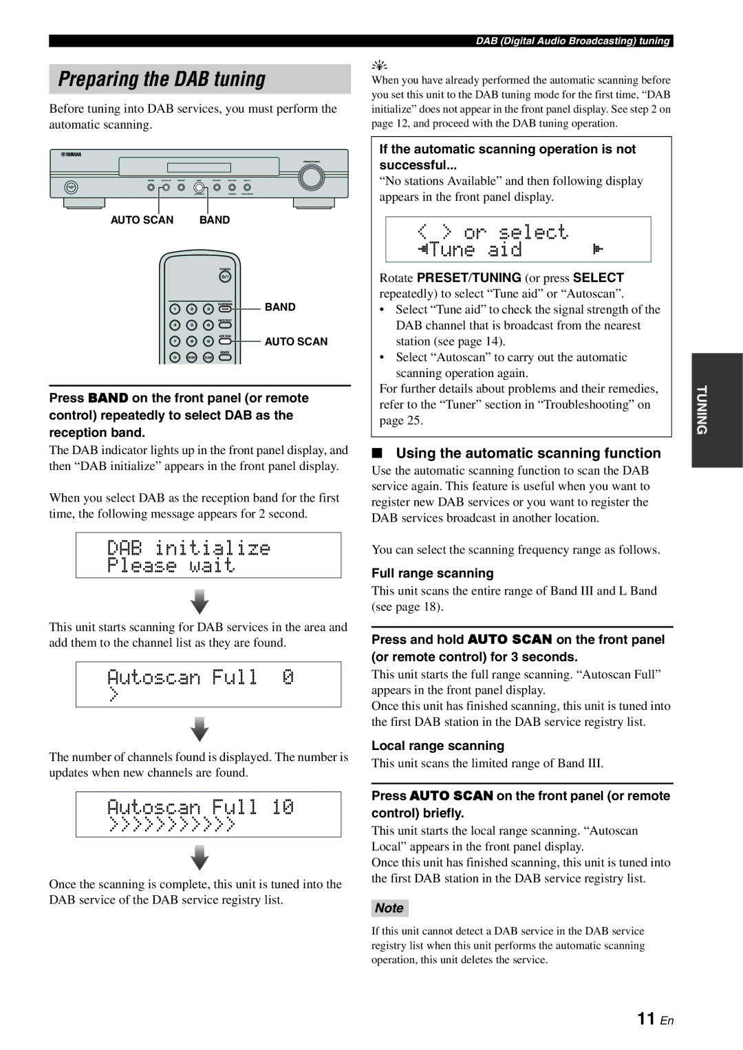 Yamaha TX-761DAB Preparing the DAB tuning, DAB initialize Please wait, Autoscan Full, Or select PTune aid, 11 En 