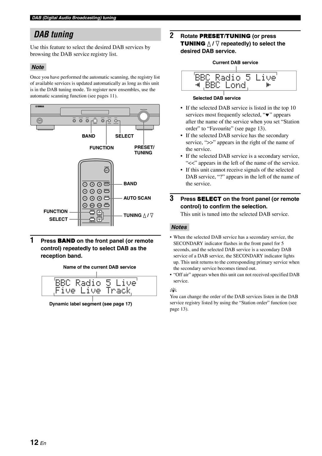 Yamaha TX-761DAB owner manual DAB tuning, BBC Radio 5 Live Five Live Track, BBC Radio 5 Live BBC Lond, 12 En 