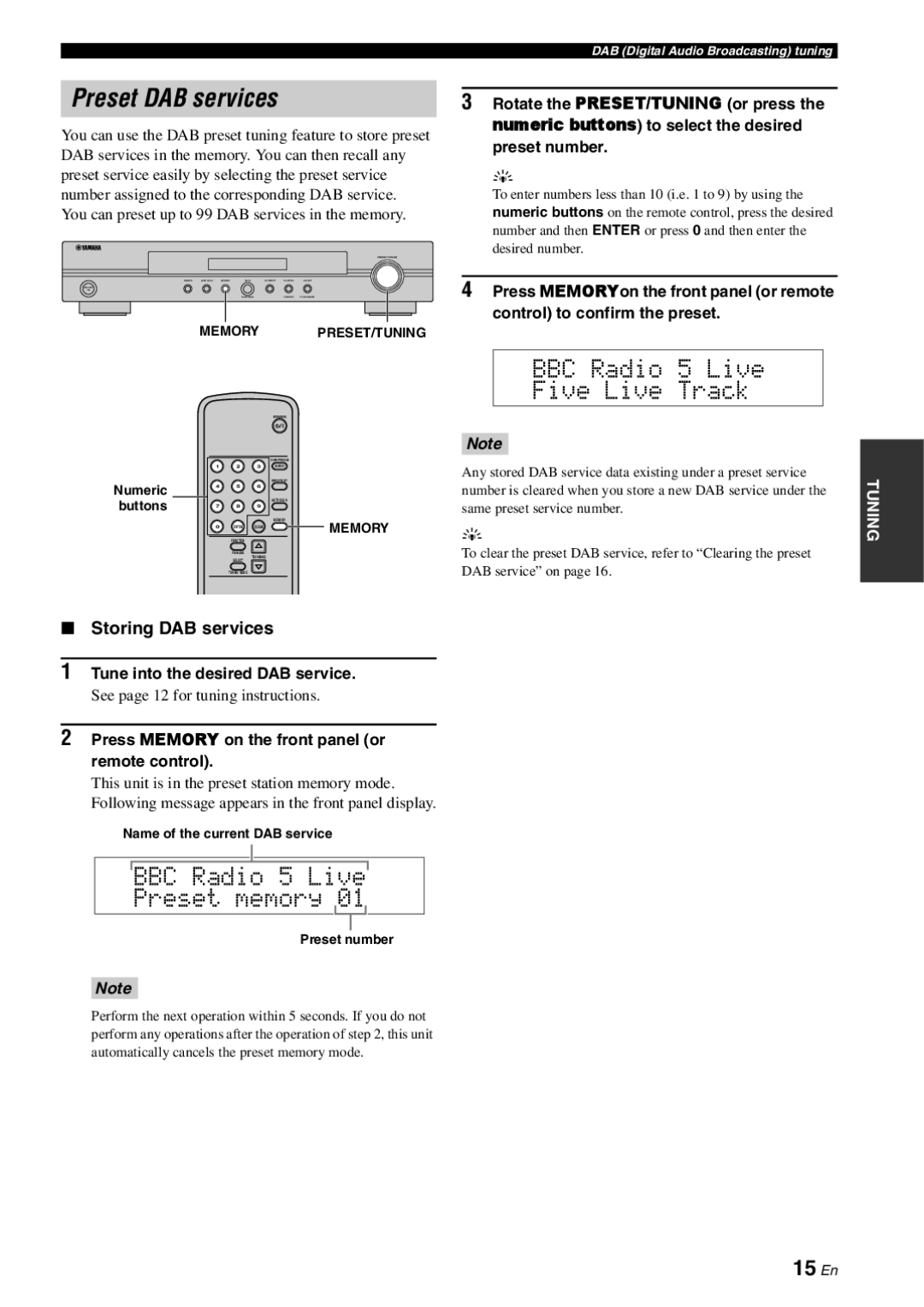 Yamaha TX-761DAB owner manual Preset DAB services, BBC Radio 5 Live Preset memory, 15 En, Storing DAB services 