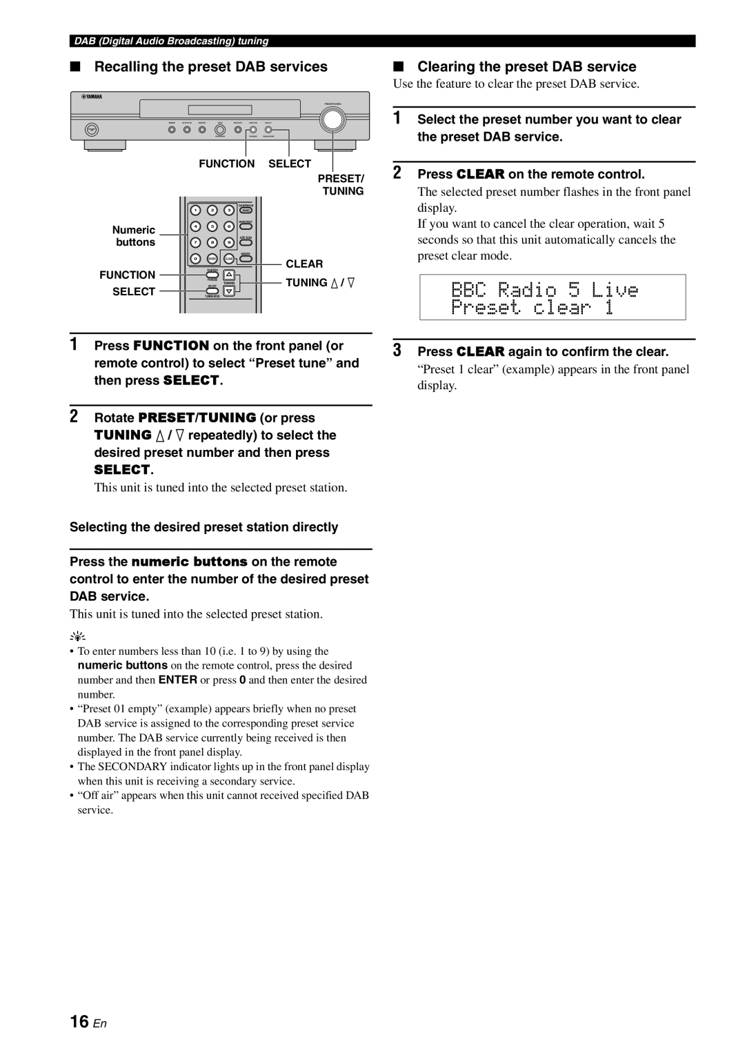 Yamaha TX-761DAB BBC Radio 5 Live Preset clear, 16 En, Recalling the preset DAB services, Clearing the preset DAB service 
