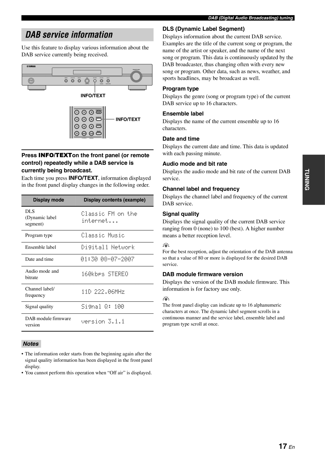 Yamaha TX-761DAB owner manual DAB service information, 17 En 