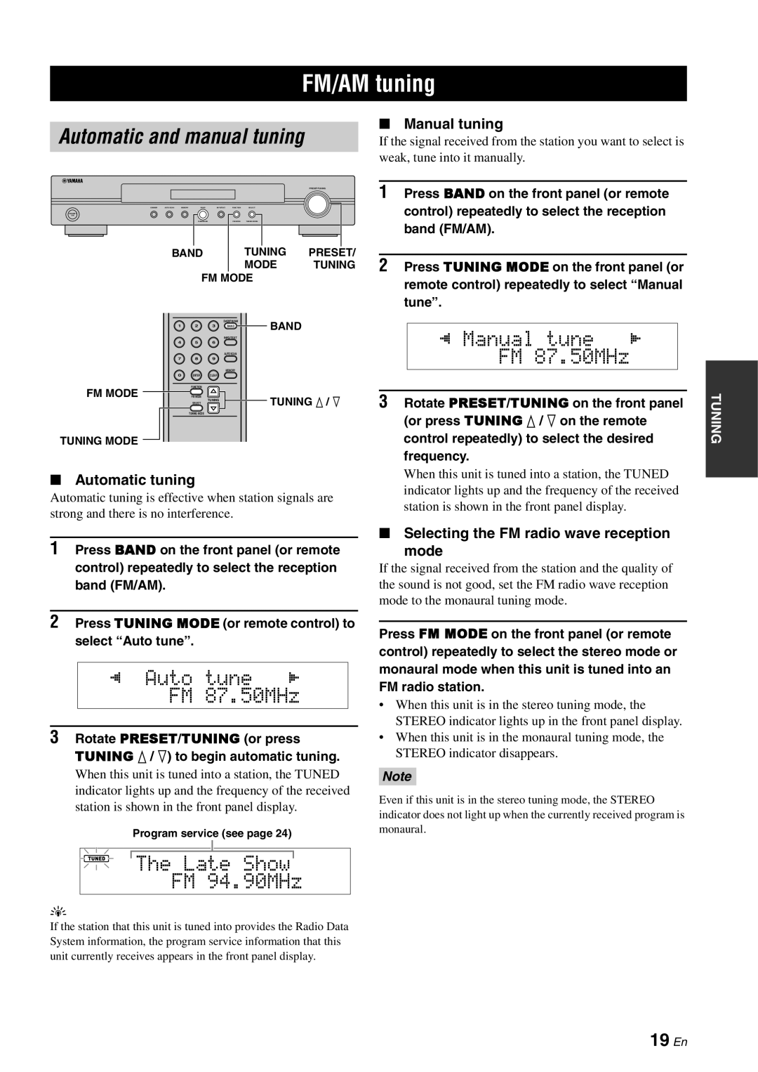 Yamaha TX-761DAB owner manual FM/AM tuning, Automatic and manual tuning, Auto tune FM 87.50MHz, Late Show FM 94.90MHz 