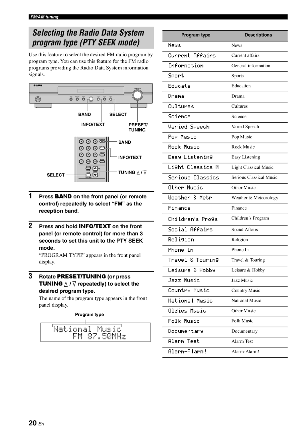 Yamaha TX-761DAB owner manual National Music FM 87.50MHz, 20 En, Program type 