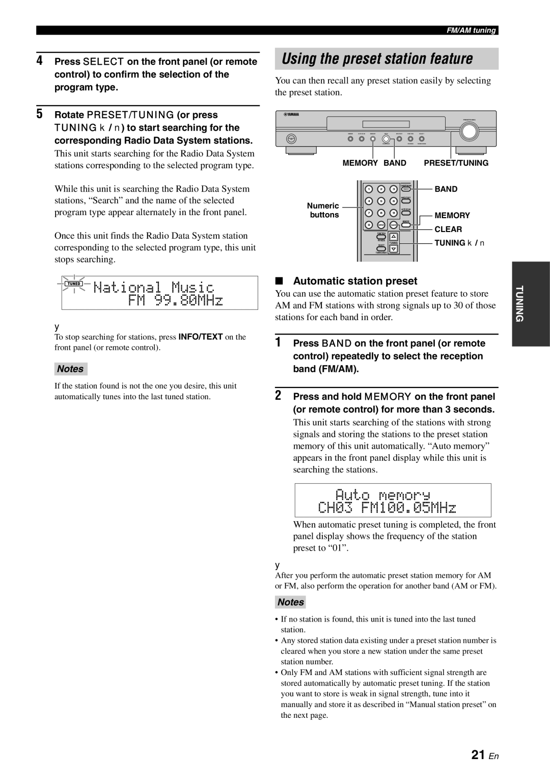 Yamaha TX-761DAB Using the preset station feature, National Music FM 99.80MHz, Auto memory CH03 FM100.05MHz, 21 En 