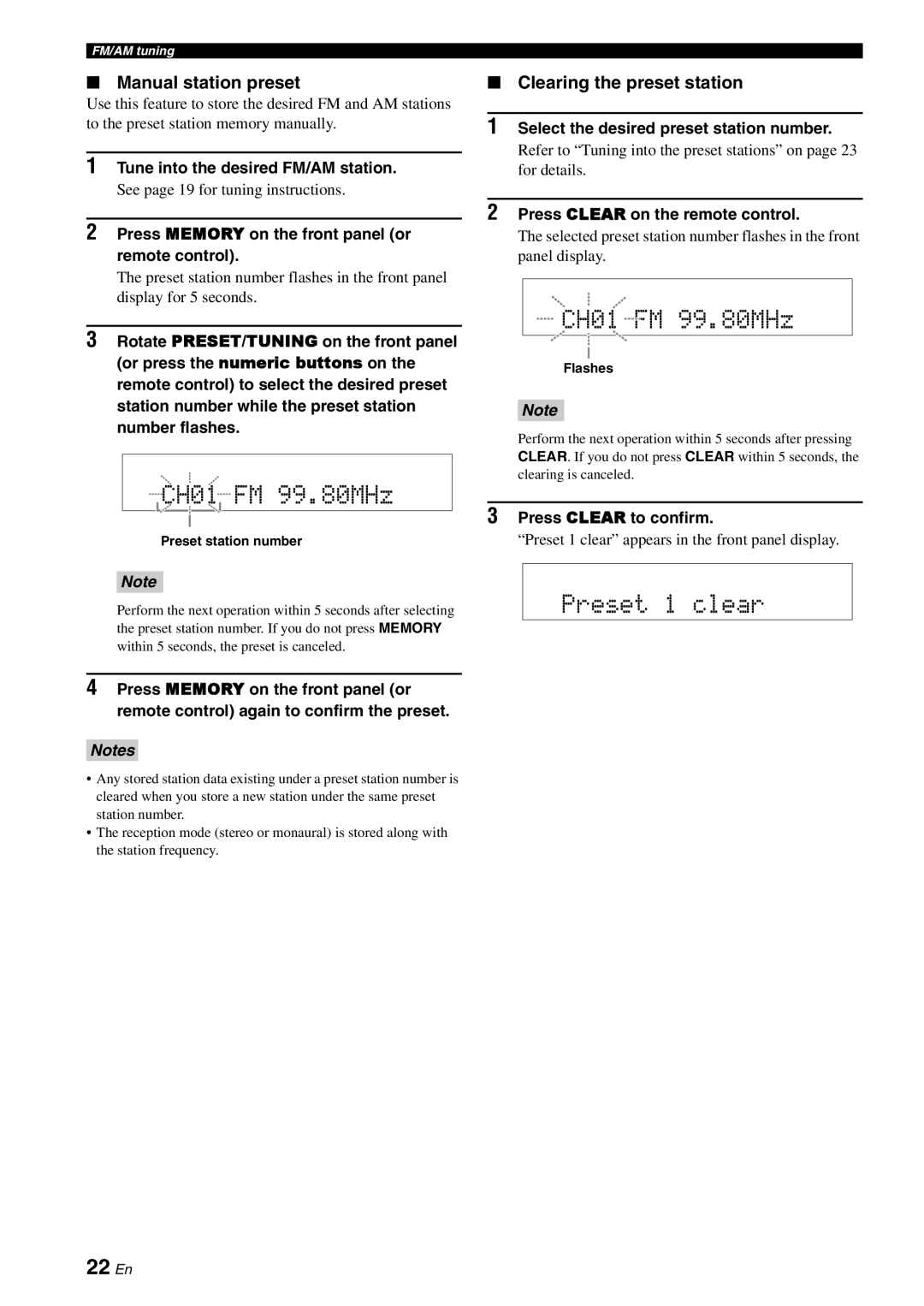 Yamaha TX-761DAB owner manual CH01 FM 99.80MHz, Preset 1 clear, 22 En, Manual station preset, Clearing the preset station 