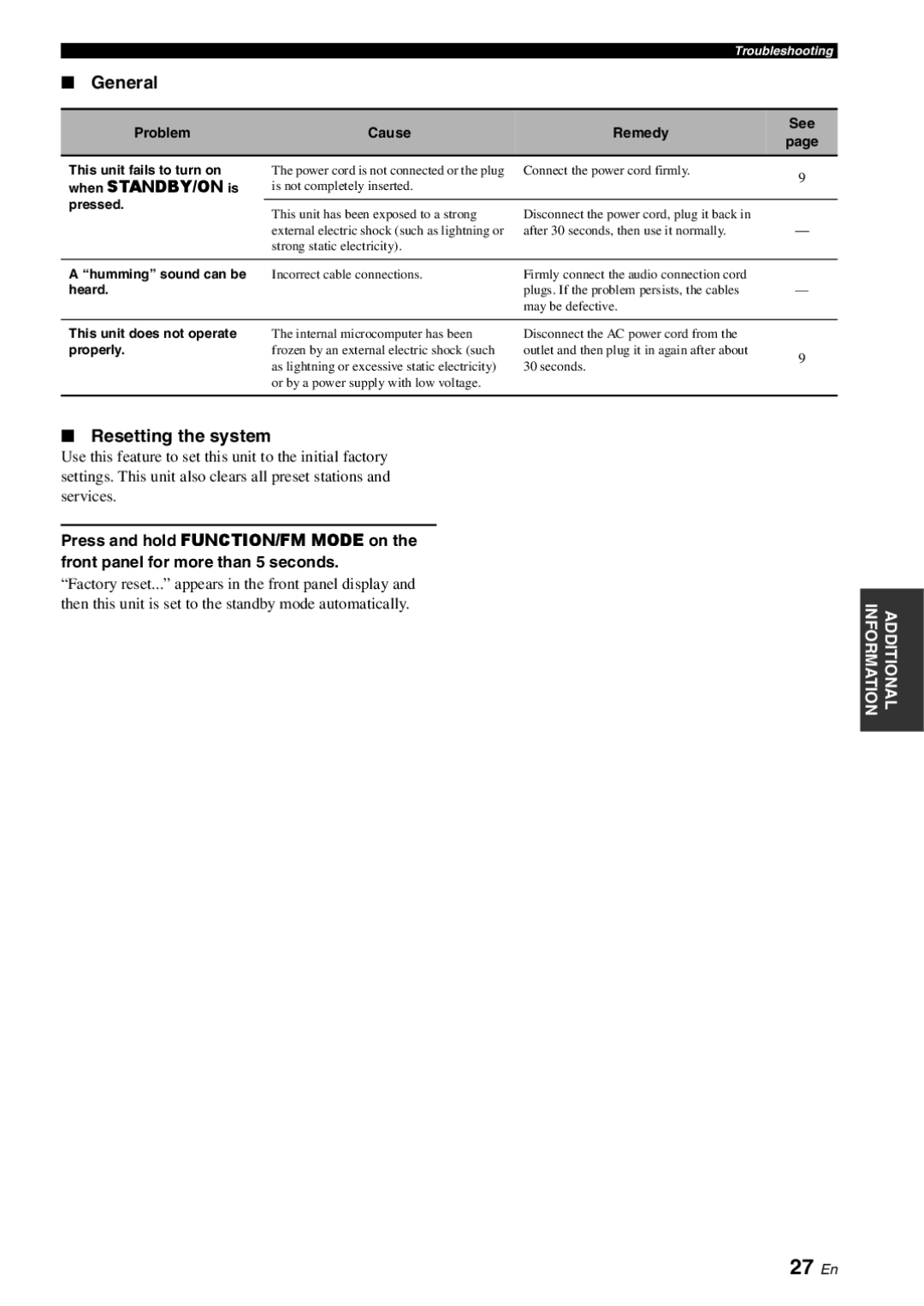 Yamaha TX-761DAB owner manual 27 En, General, Resetting the system 