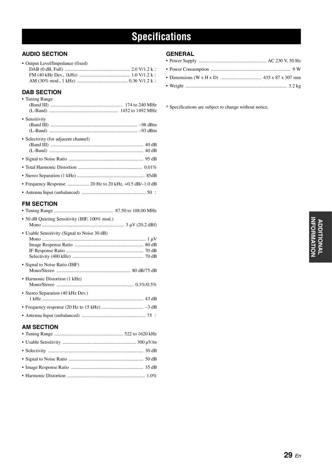 Yamaha TX-761DAB owner manual Specifications, 29 En 