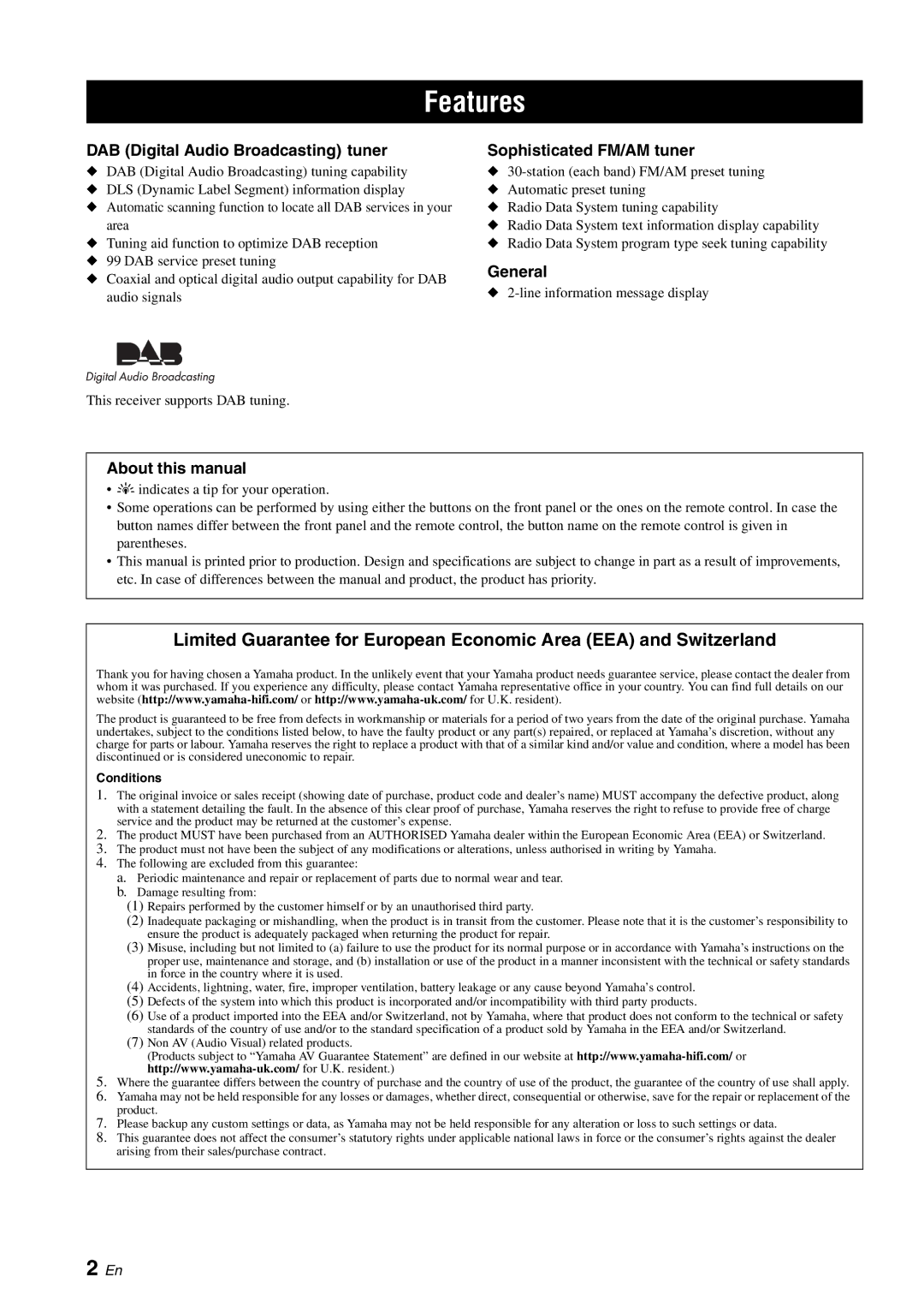 Yamaha TX-761DAB Features, DAB Digital Audio Broadcasting tuner, Sophisticated FM/AM tuner, General, About this manual 