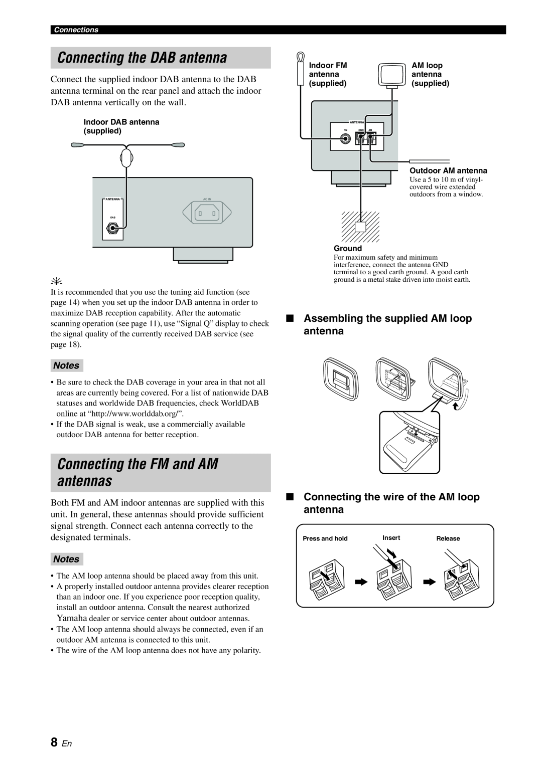 Yamaha TX-761DAB owner manual Connecting the DAB antenna, Connecting the FM and AM antennas, 8 En 