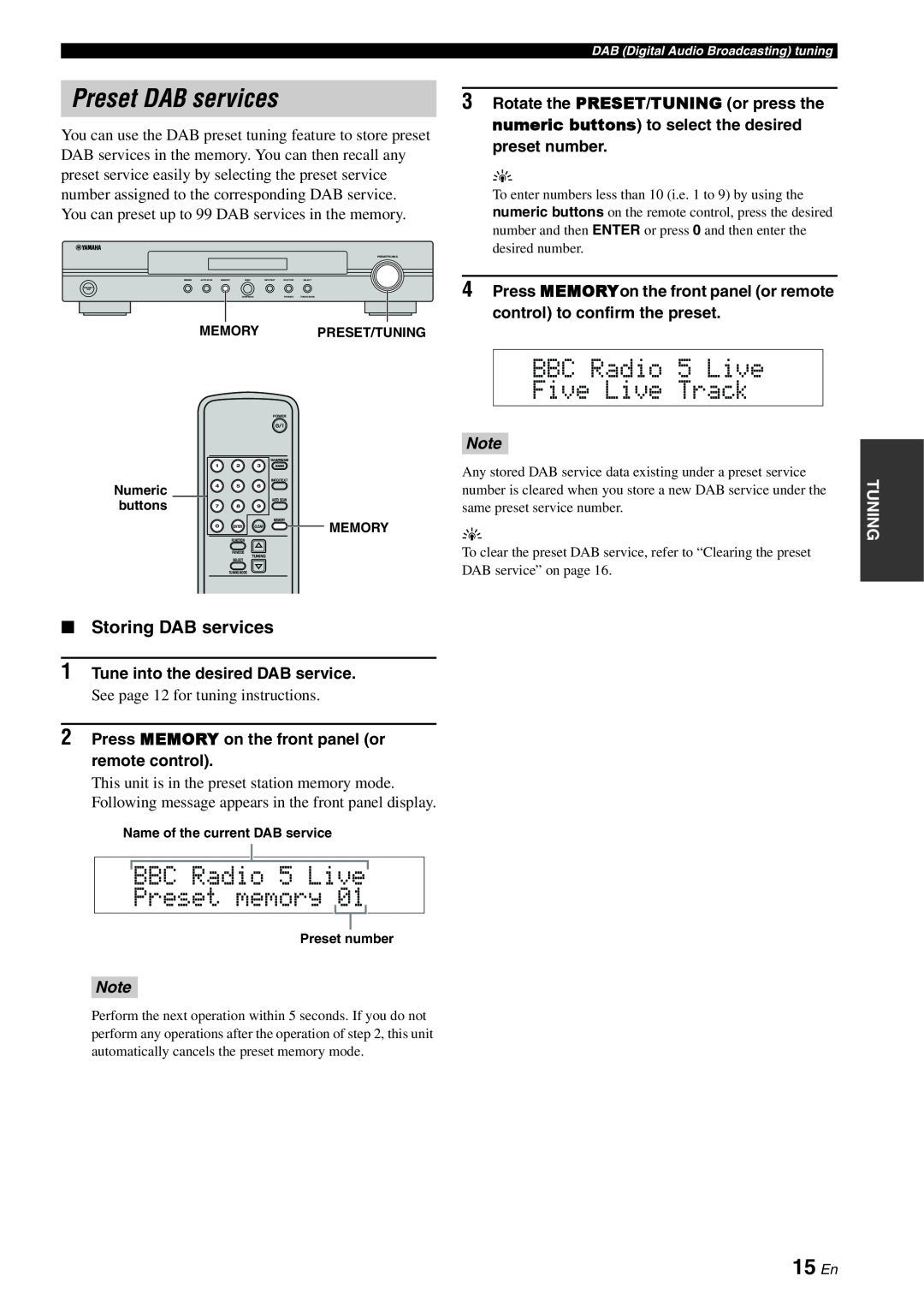 Yamaha TX-761DAB owner manual Preset DAB services, BBC Radio 5 Live Preset memory, 15 En, Storing DAB services, Tuning 