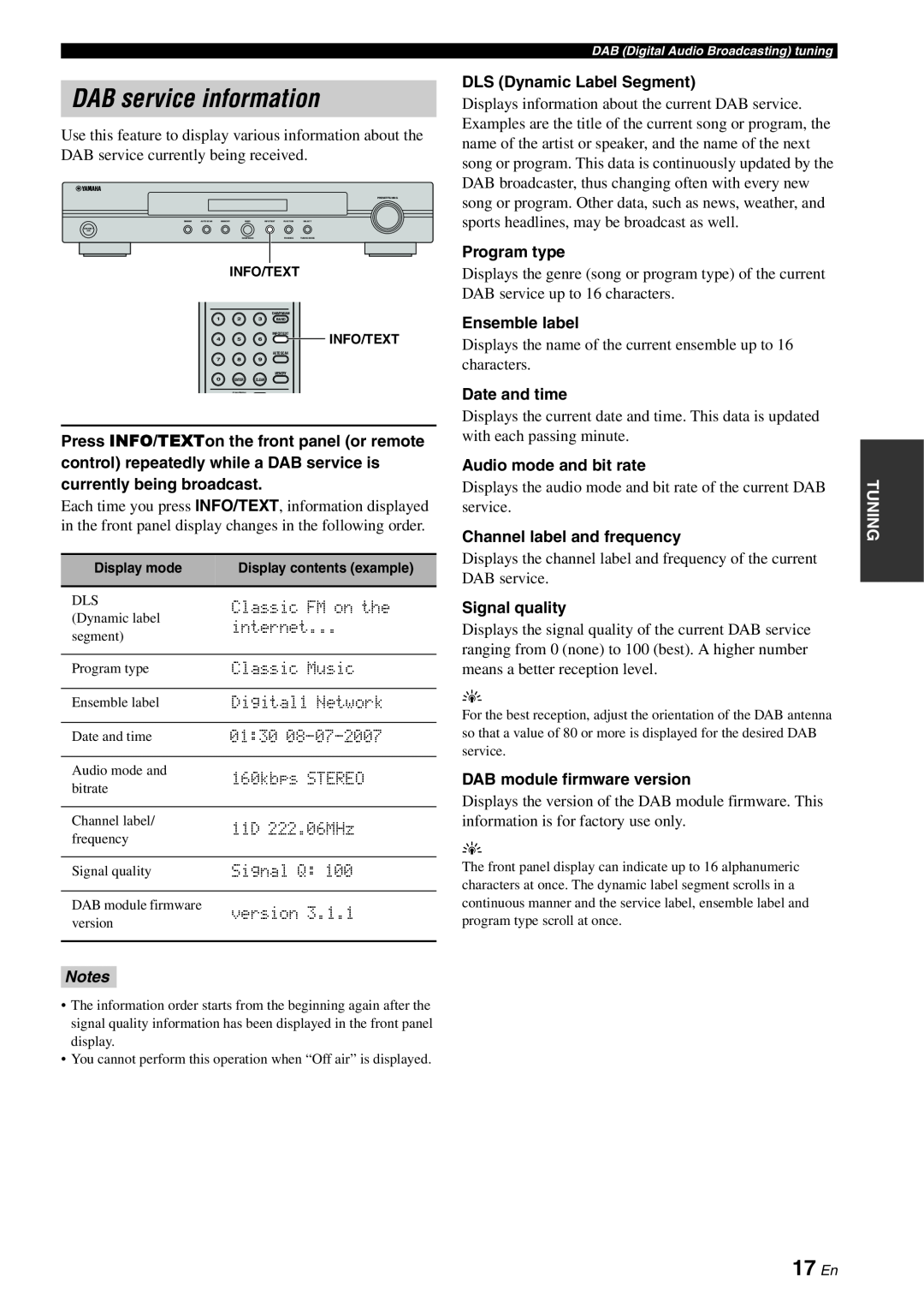 Yamaha TX-761DAB owner manual DAB service information, 17 En, Tuning 