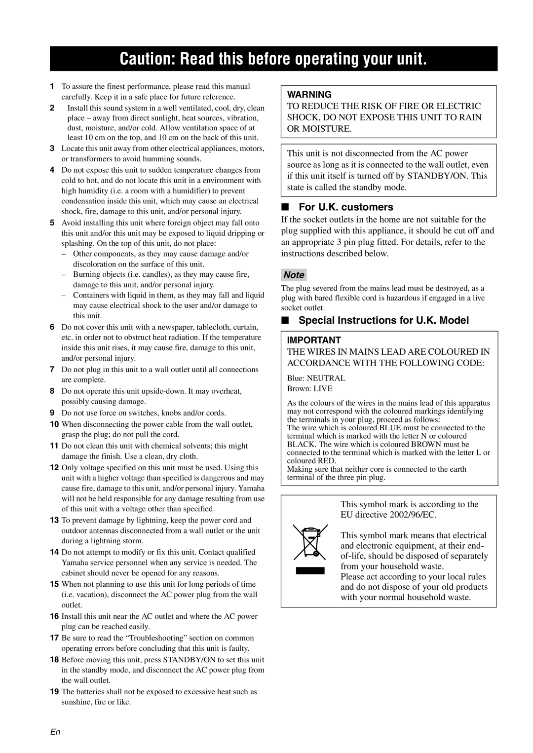 Yamaha TX-761DAB Caution Read this before operating your unit, For U.K. customers, Special Instructions for U.K. Model 