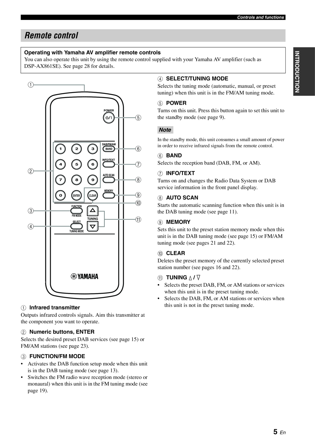 Yamaha TX-761DAB owner manual Remote control, 5 En 