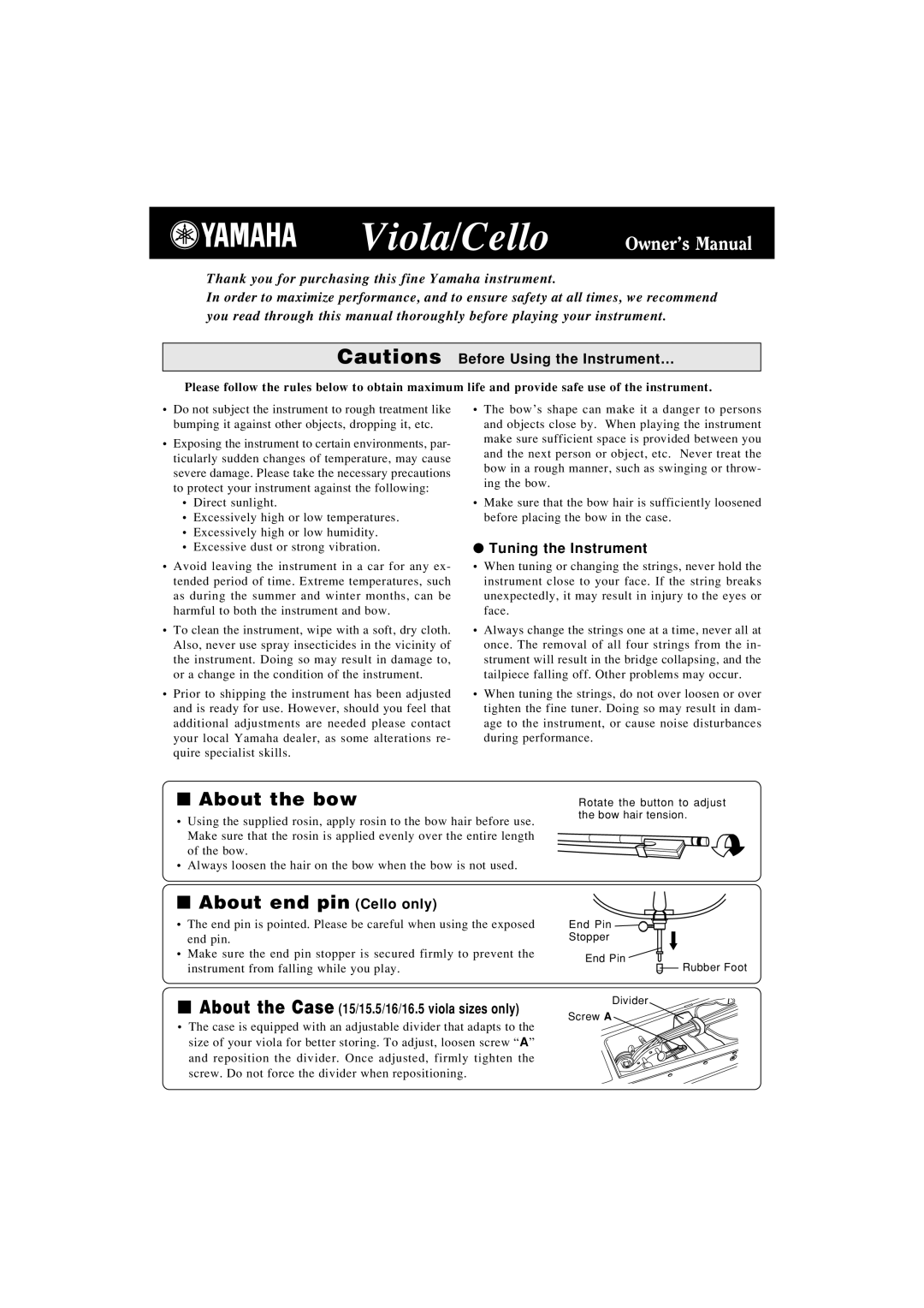 Yamaha Viola/Cello owner manual About the bow, About end pin Cello only, Tuning the Instrument 