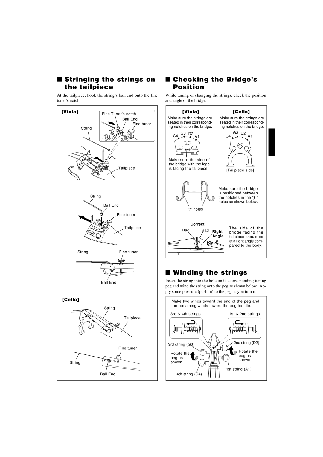 Yamaha Viola/Cello owner manual Stringing the strings on Tailpiece, Checking the Bridge’s Position, Winding the strings 