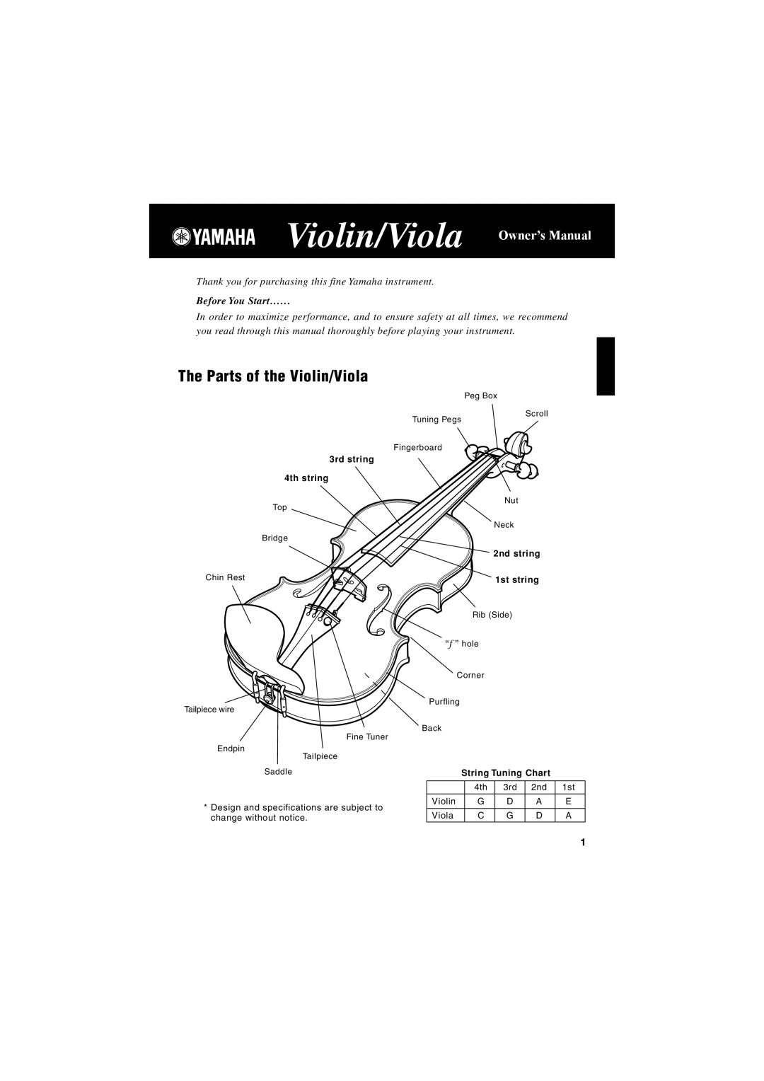 Yamaha owner manual Parts of the Violin/Viola 