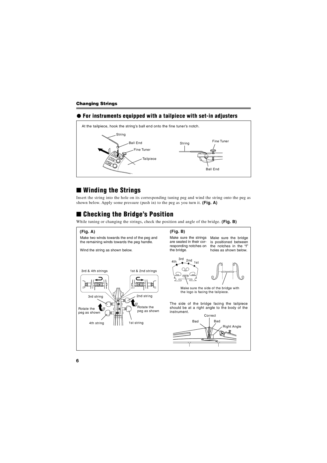 Yamaha Violin/Viola owner manual Winding the Strings, Checking the Bridge’s Position 