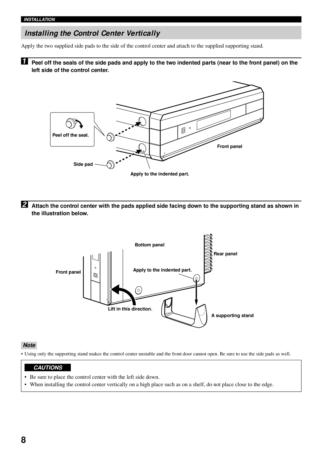 Yamaha VS-10 owner manual Installing the Control Center Vertically 