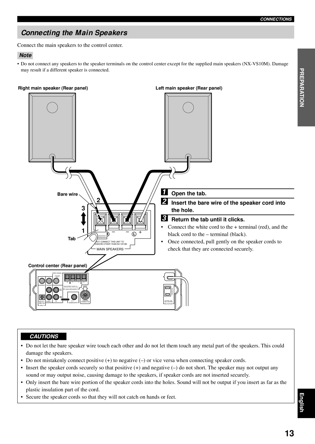 Yamaha VS-10 owner manual Connecting the Main Speakers, Right main speaker Rear panel, Bare wire Tab 