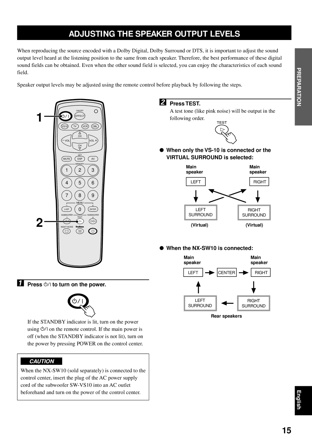 Yamaha VS-10 owner manual Adjusting the Speaker Output Levels 