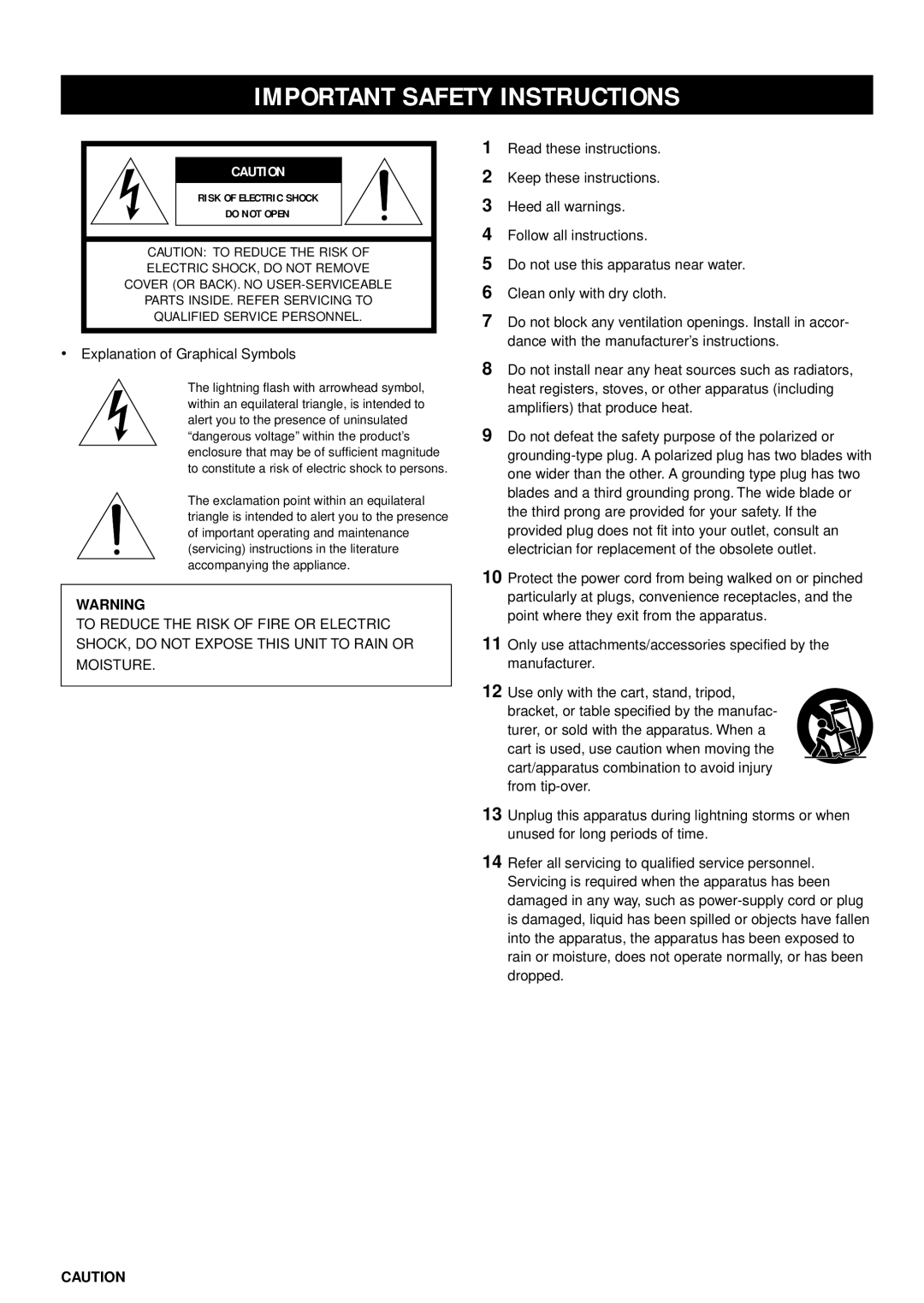 Yamaha VS-10 owner manual Important Safety Instructions, Electric SHOCK, do not Remove 