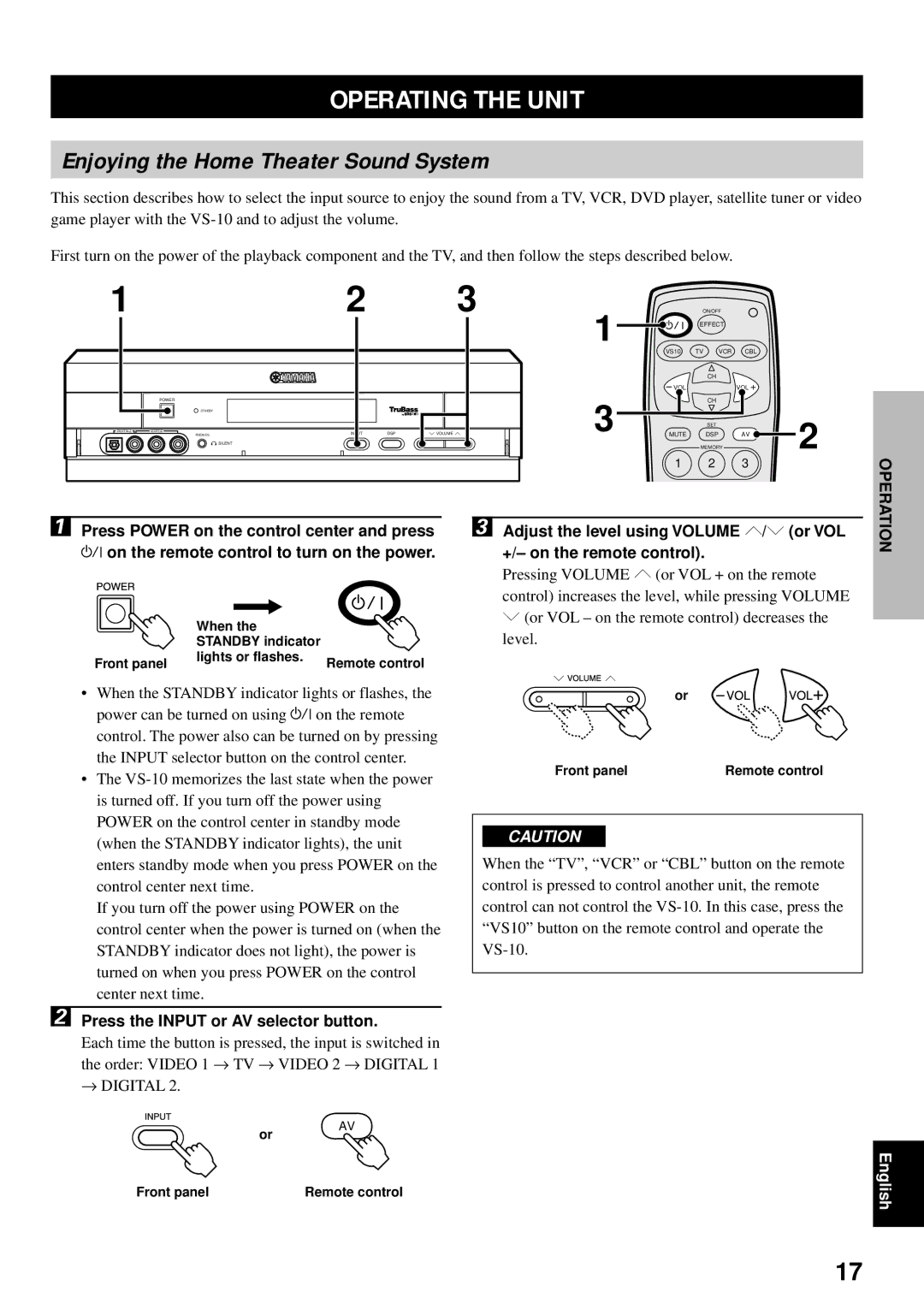 Yamaha VS-10 owner manual Operating the Unit, Enjoying the Home Theater Sound System, Press the Input or AV selector button 