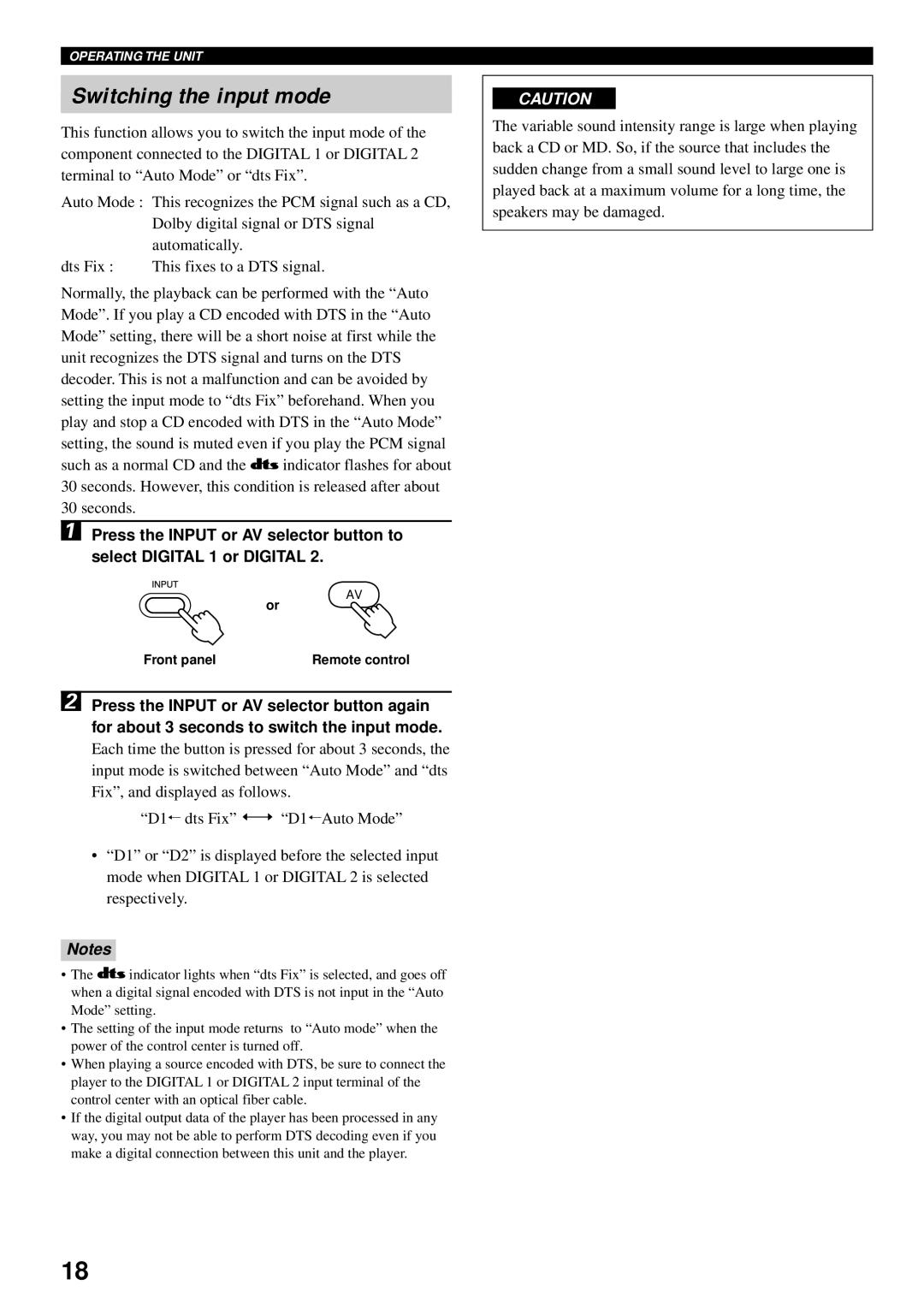 Yamaha VS-10 owner manual Switching the input mode 