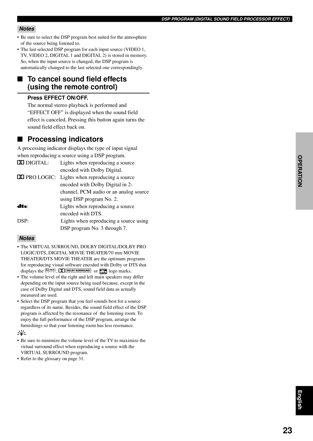 Yamaha VS-10 To cancel sound field effects using the remote control, Processing indicators, Press Effect ON/OFF 