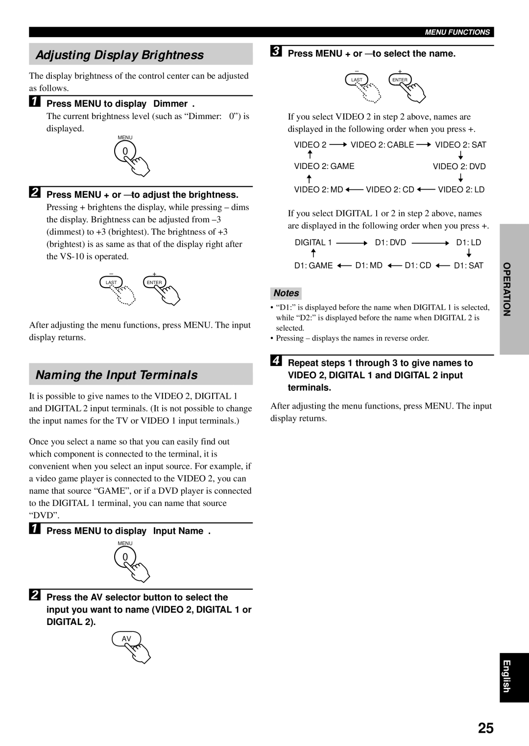 Yamaha VS-10 owner manual Adjusting Display Brightness, Naming the Input Terminals 