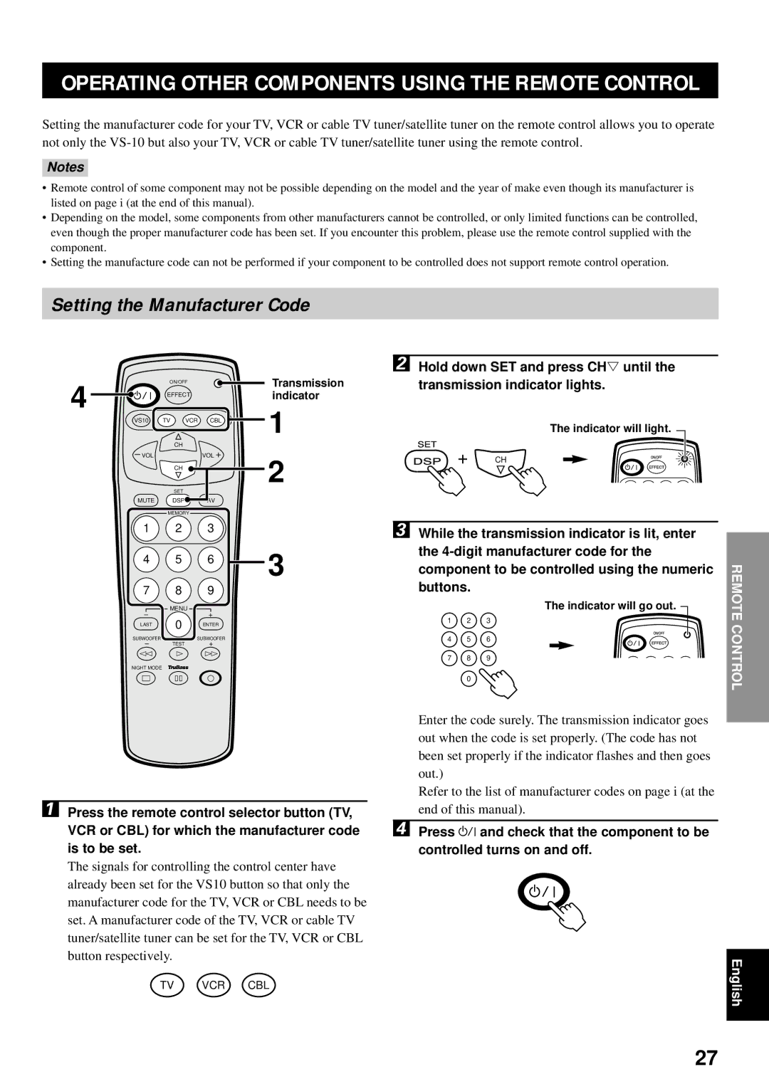 Yamaha VS-10 owner manual Setting the Manufacturer Code, Buttons, Indicator will light, Indicator will go out 