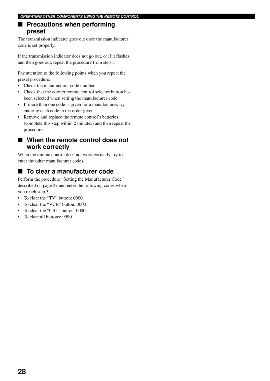 Yamaha VS-10 owner manual Precautions when performing preset, When the remote control does not work correctly 