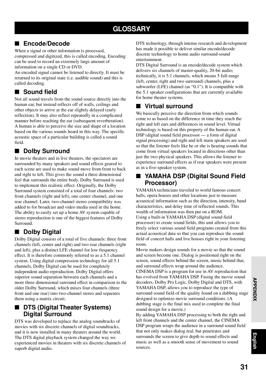 Yamaha VS-10 owner manual Glossary 