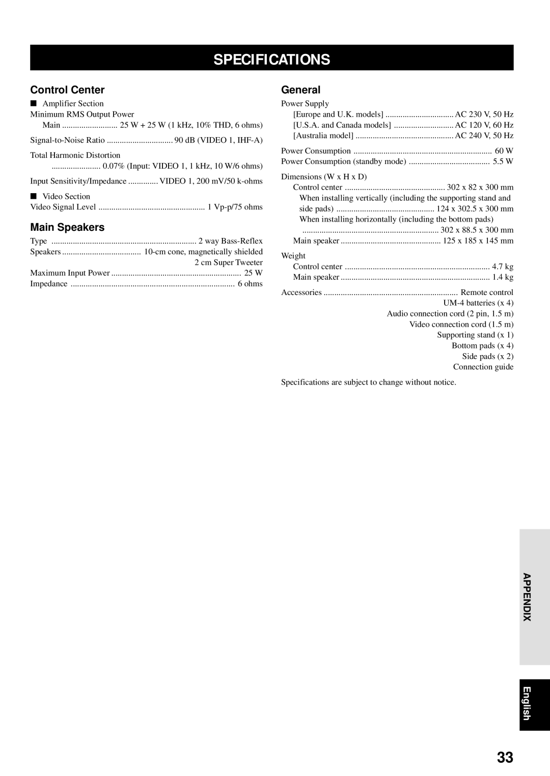 Yamaha VS-10 owner manual Specifications, Control Center 