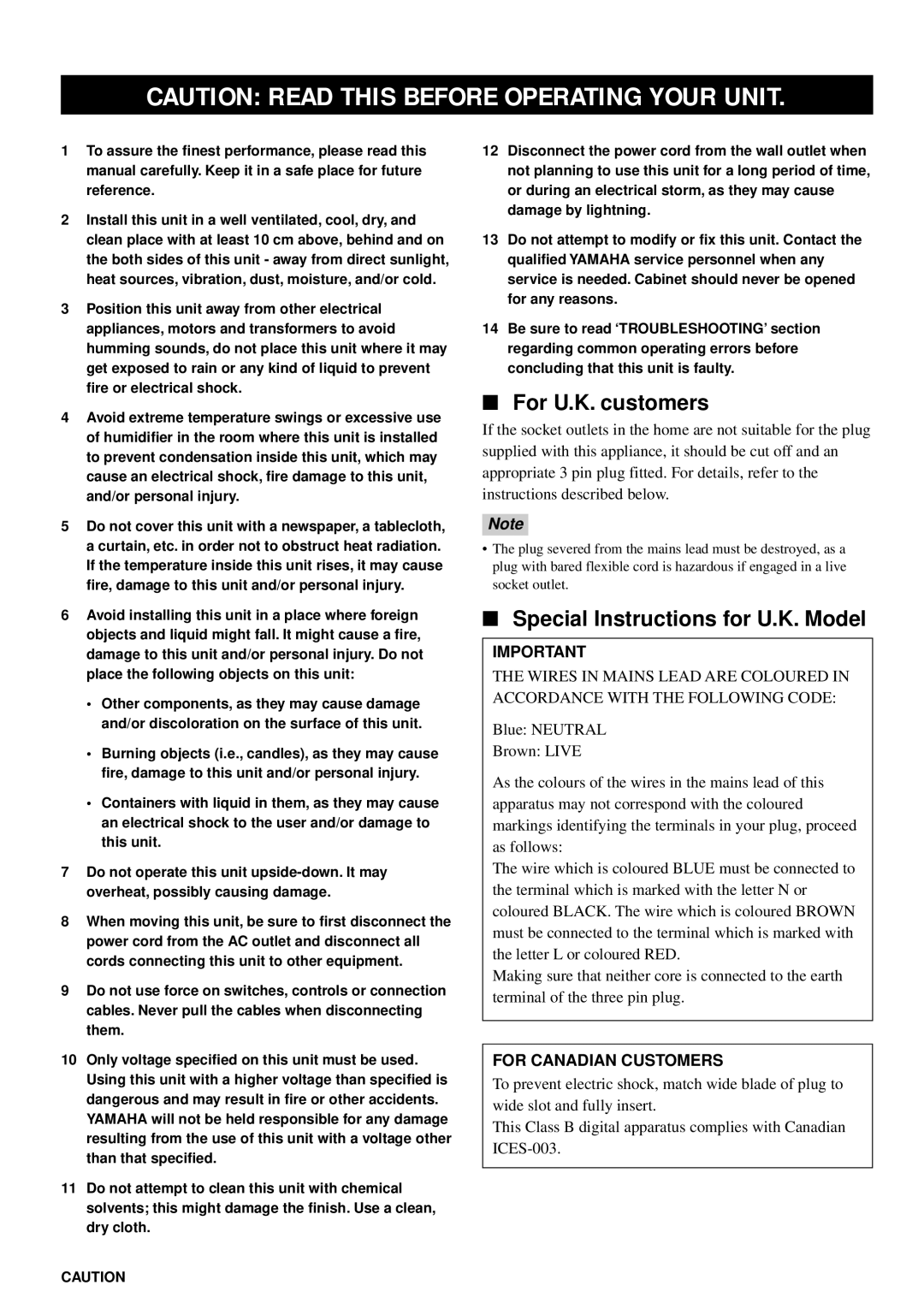 Yamaha VS-10 owner manual For U.K. customers, Special Instructions for U.K. Model 