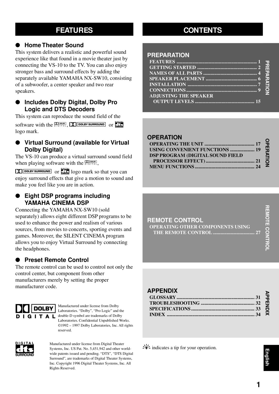 Yamaha VS-10 owner manual Features, Contents 