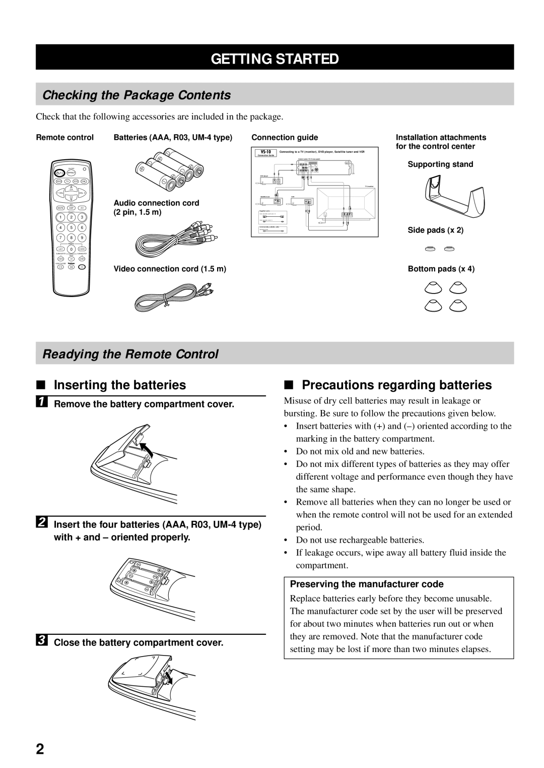 Yamaha VS-10 owner manual Getting Started, Checking the Package Contents, Readying the Remote Control 