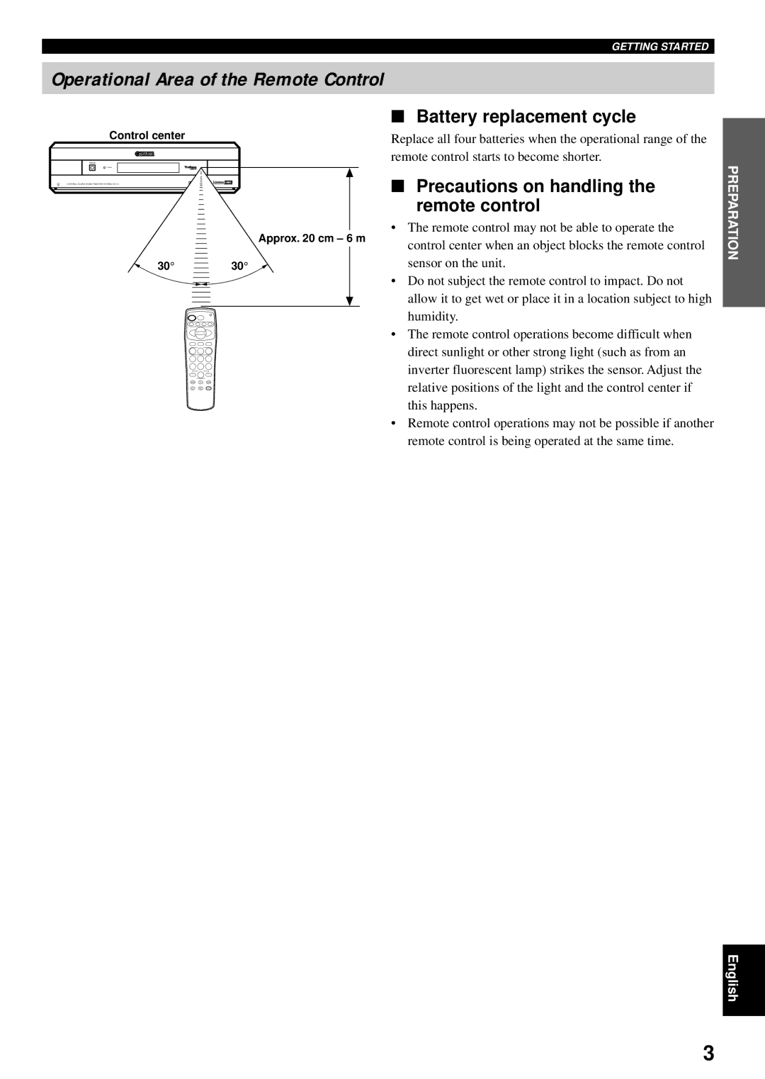 Yamaha VS-10 Operational Area of the Remote Control, Battery replacement cycle, Precautions on handling, Remote control 