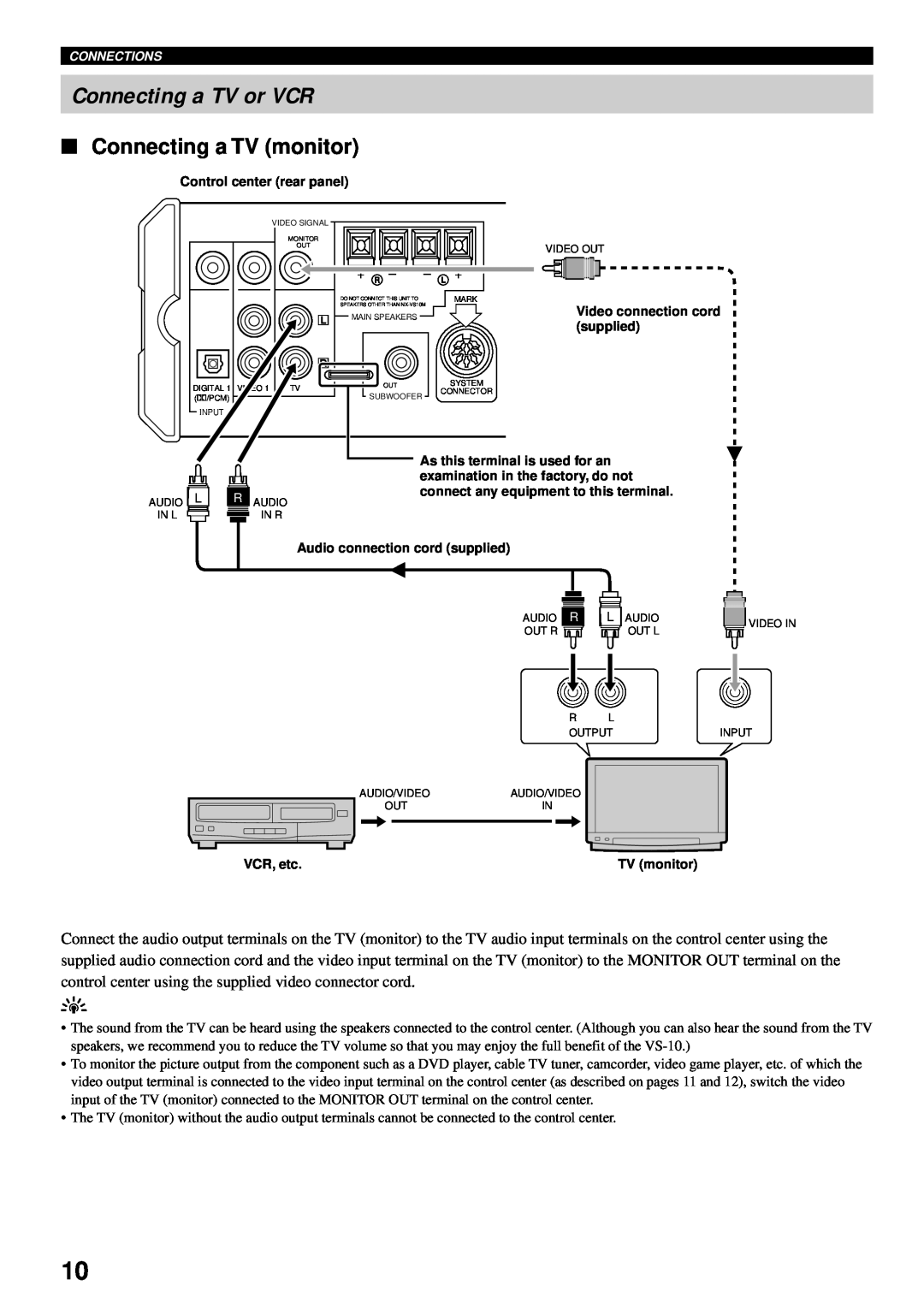 Yamaha VS-10 owner manual Connecting a TV or VCR, Connecting a TV monitor 