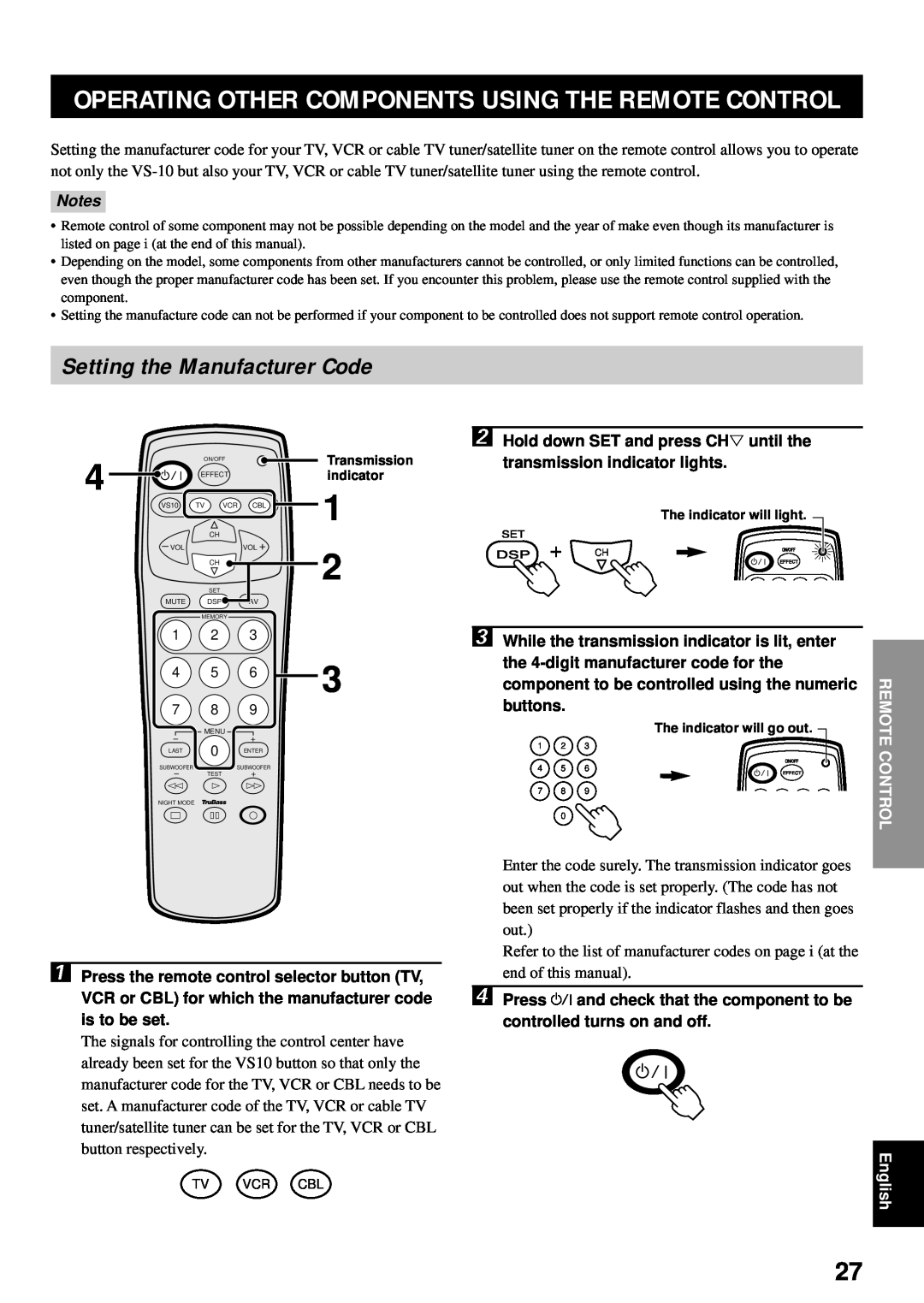 Yamaha VS-10 owner manual Setting the Manufacturer Code, Press the remote control selector button TV, buttons, English 