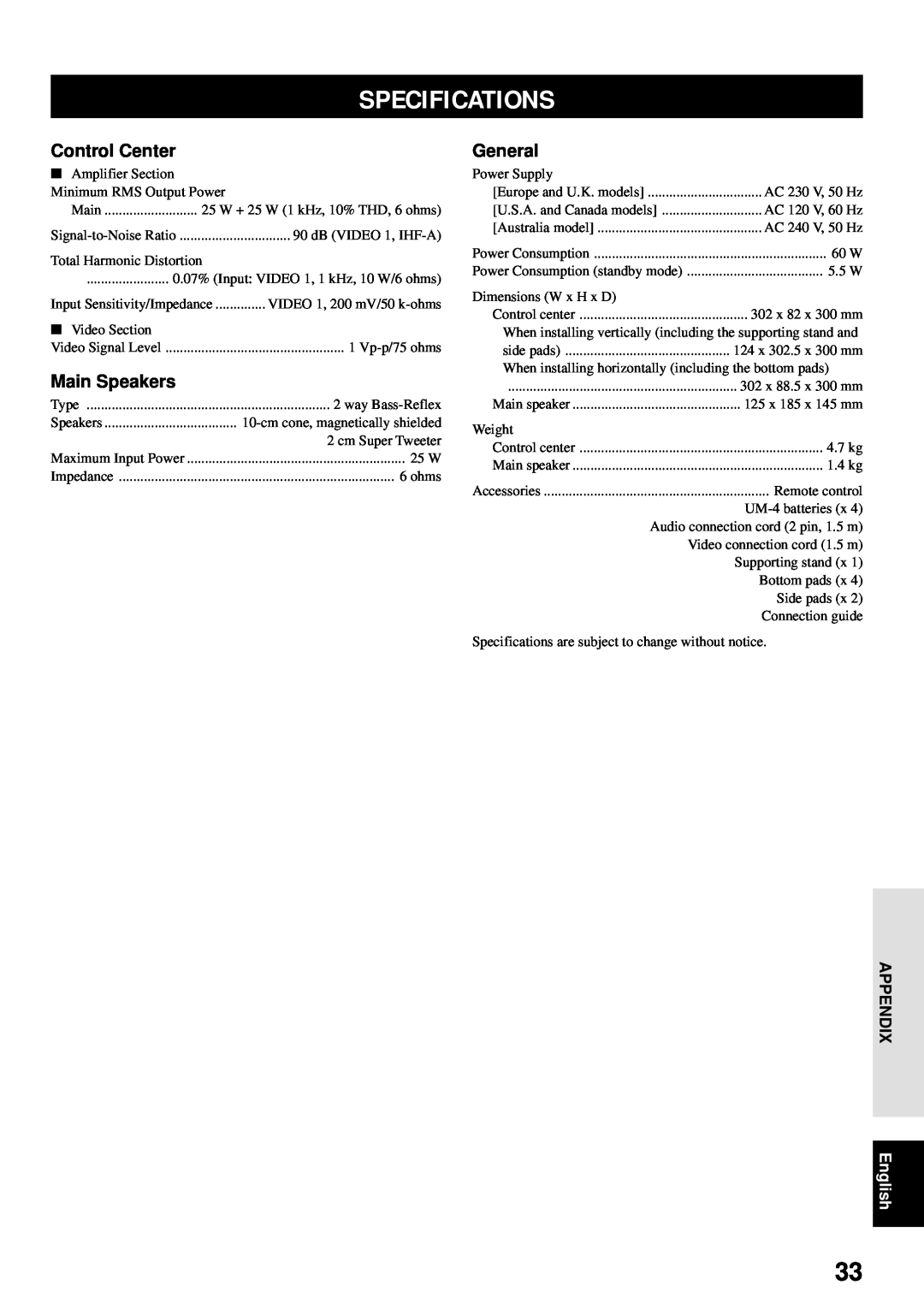 Yamaha VS-10 owner manual Specifications, Control Center, Main Speakers, General, Appendix, English 