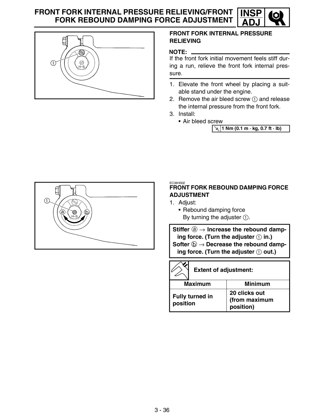 Yamaha WR250FM service manual Front Fork Internal Pressure Relieving, Front Fork Rebound Damping Force Adjustment 