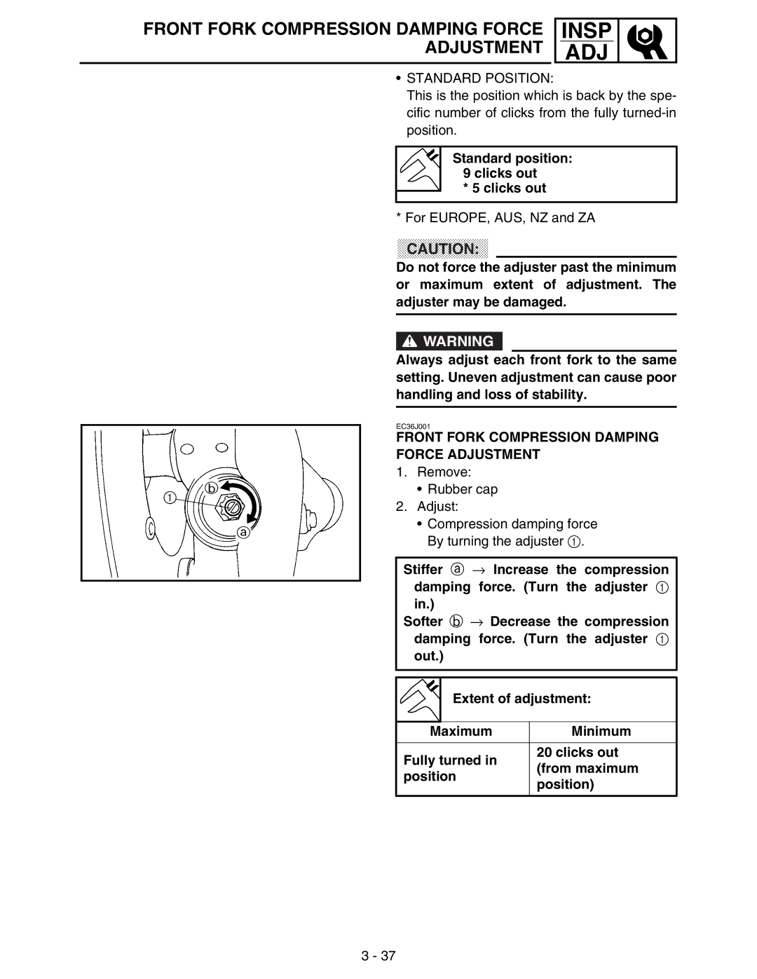 Yamaha WR250FM service manual Standard position 9 clicks out Clicks out, Front Fork Compression Damping Force Adjustment 