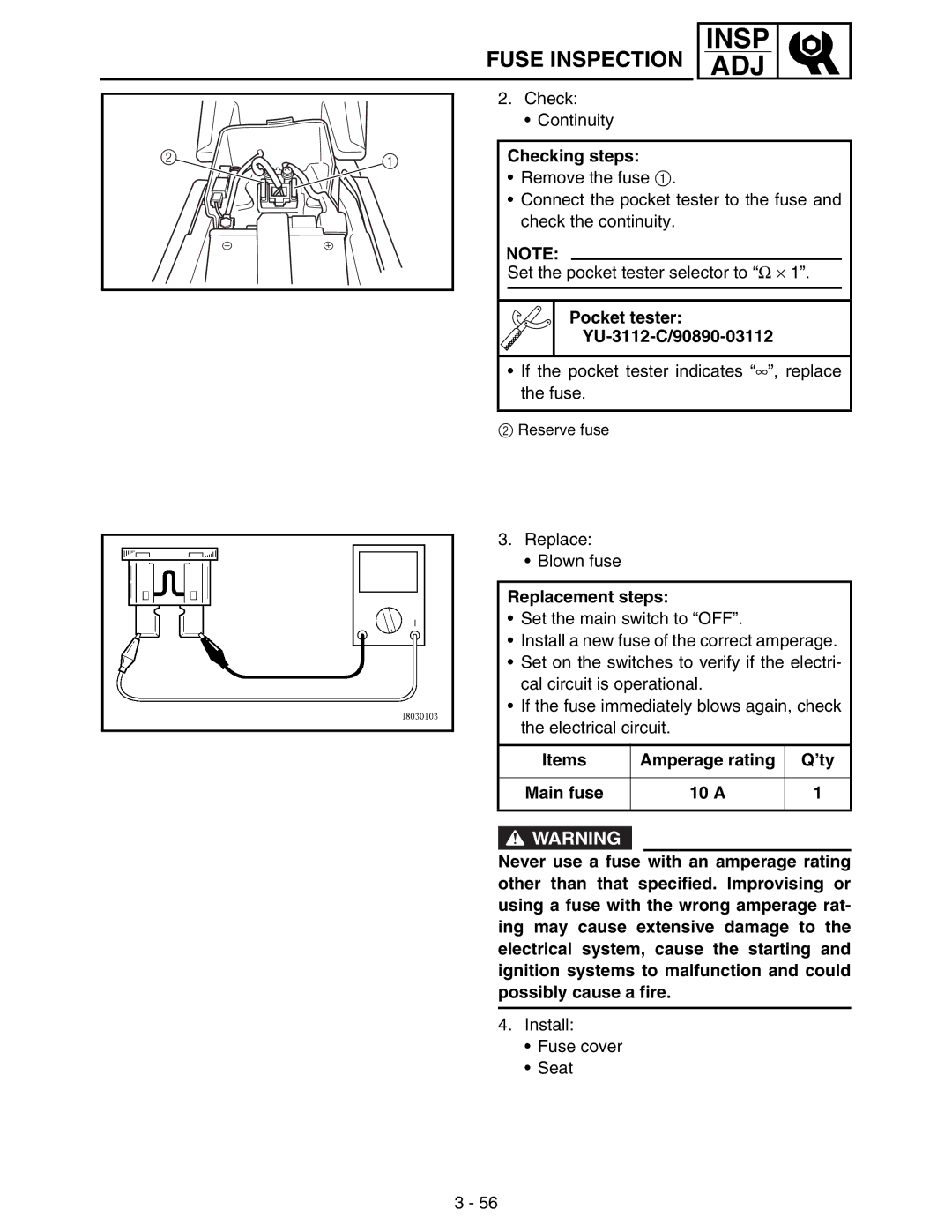 Yamaha WR250FM service manual Fuse Inspection, Pocket tester YU-3112-C/90890-03112, Items Amperage rating ’ty 