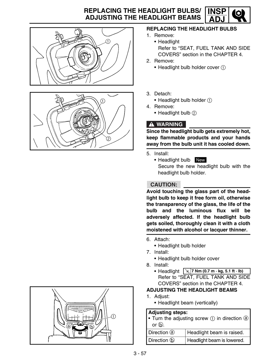 Yamaha WR250FM service manual Replacing the Headlight Bulbs, Adjusting the Headlight Beams, Adjusting steps 