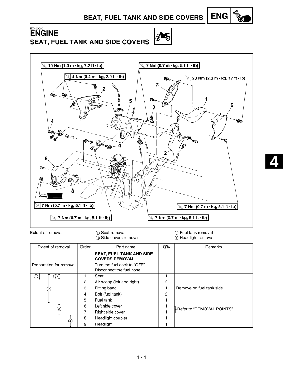 Yamaha WR250FM service manual SEAT, Fuel Tank and Side Covers Removal 