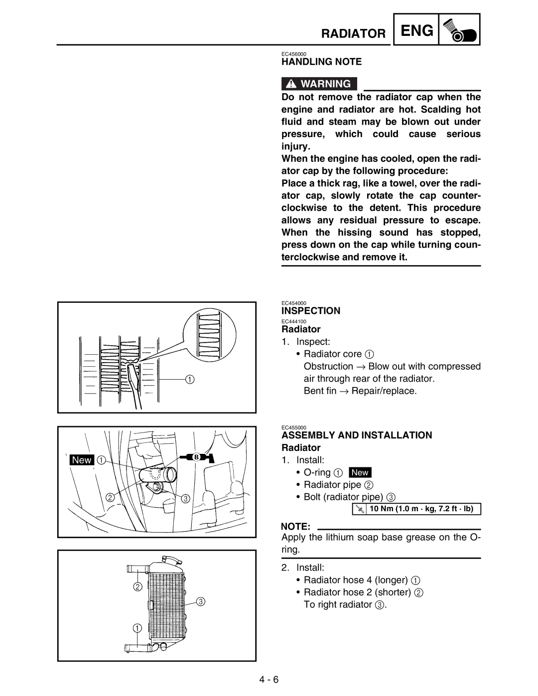 Yamaha WR250FM service manual Handling Note, Assembly and Installation Radiator 