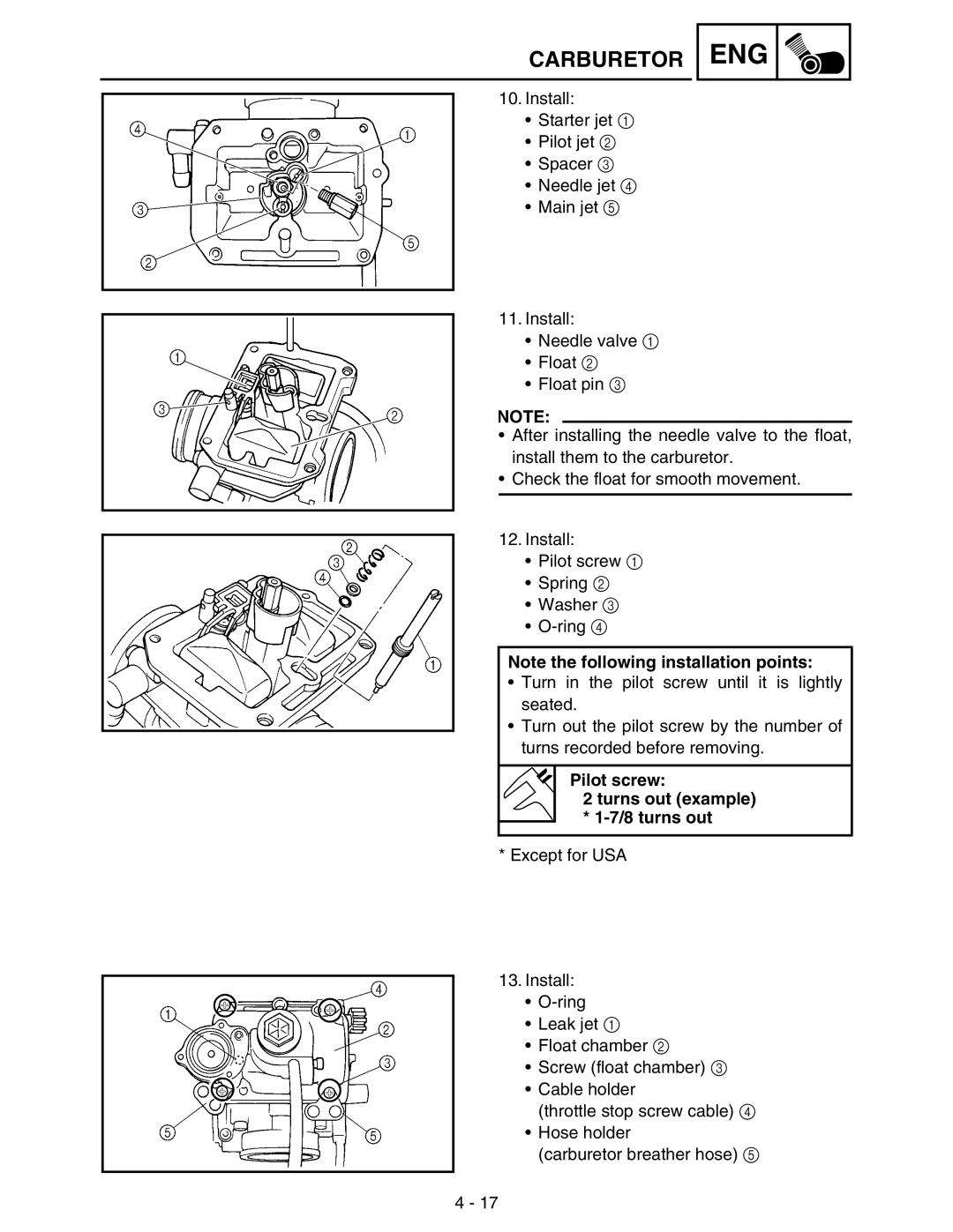 Yamaha WR250FM service manual Pilot screw Turns out example 8 turns out 