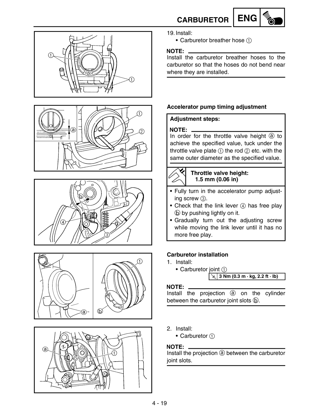 Yamaha WR250FM Accelerator pump timing adjustment Adjustment steps, Throttle valve height Mm 0.06, Carburetor installation 