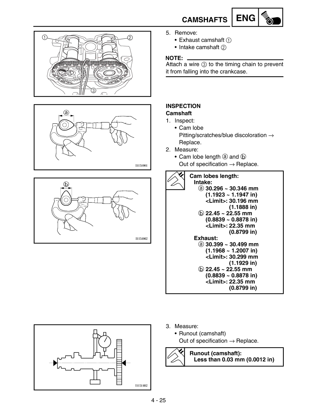 Yamaha WR250FM service manual Inspection, Runout camshaft Less than 0.03 mm 0.0012 